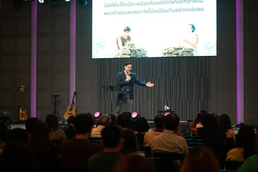 confident speaker on stage
